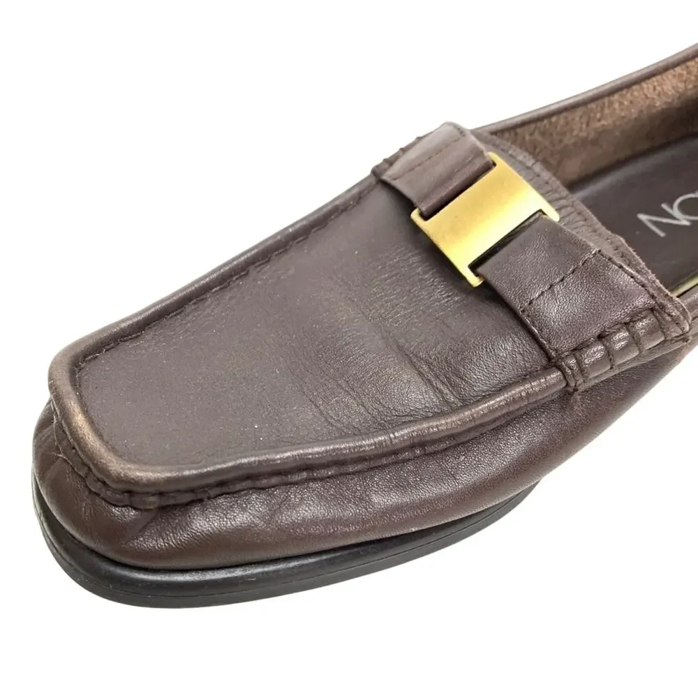 MARKON Womens Square Toe Brown Leather Loafers Flats ALPHA Slip On Shoes sz 10